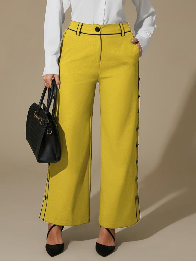Product Introduction of Women's Colorblock Button Wide Leg Pants, Casual Comfy High Waist Trousers for Daily Wear, Ladies Bottoms for All Seasons 10