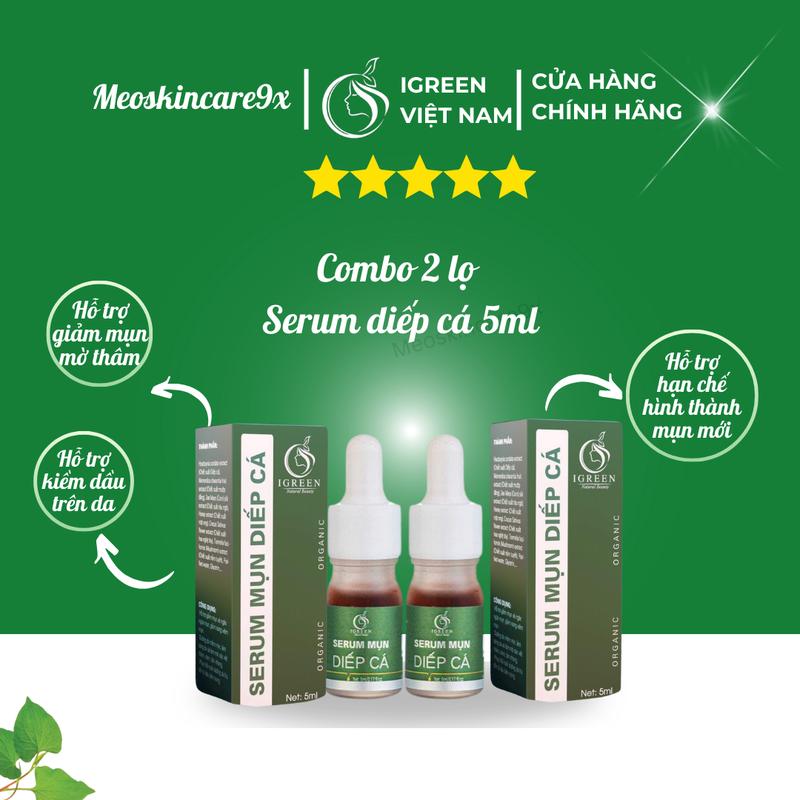  Combo 2 Serum mụn diếp cá Igreen Hỗ trợ làm mờ thâm giảm mụn dành cho tất cả các loại da 2 lọ 5ml skincare nữ women chăm sóc da tặng bông tẩy trang 