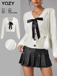 YOZY Women's Plain Bow Decor Bishop Sleeve Cardigan, Casual Long Sleeve V Neck Cardigan for Spring & Fall, Fashion Women's Knitwear for Daily Wear