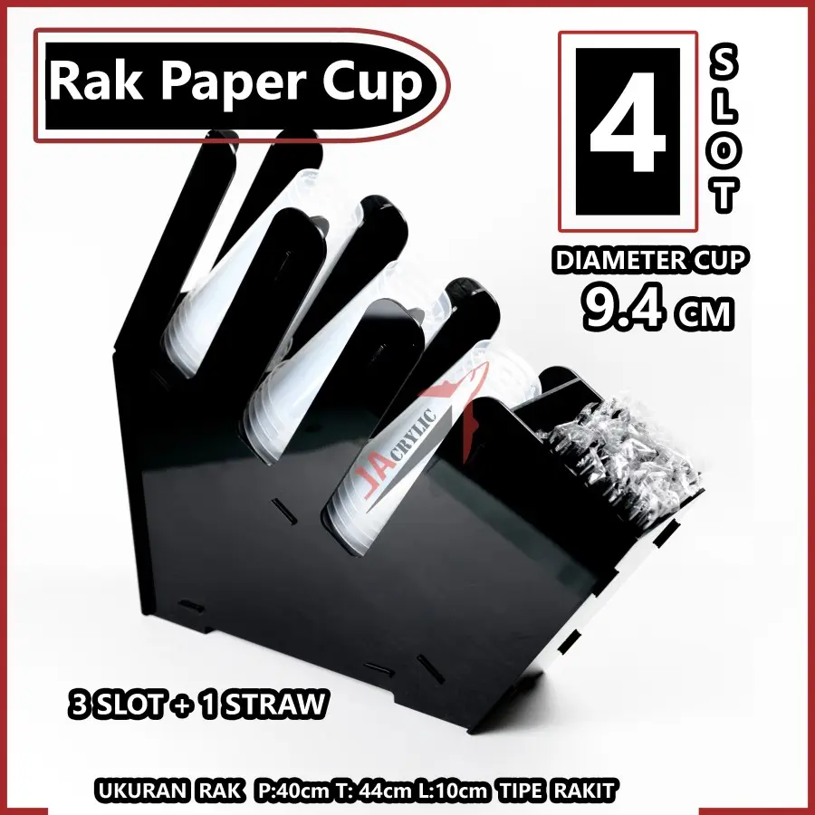 Rak Paper Cup Sedotan Akrilik / Organizer Paper Cup 3 + 1 Slot Sedotan Acrylic Gelas