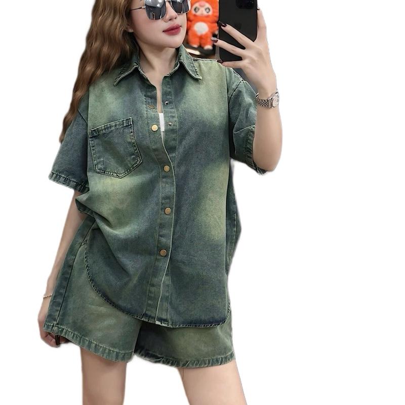  Bộ Jeans Nữ Một Túi  Áo + Quần Sooc  Trơn Màu Dơ Và Khói Đủ Size 40-95kg - Xưởng May Mỹ Nhung big 