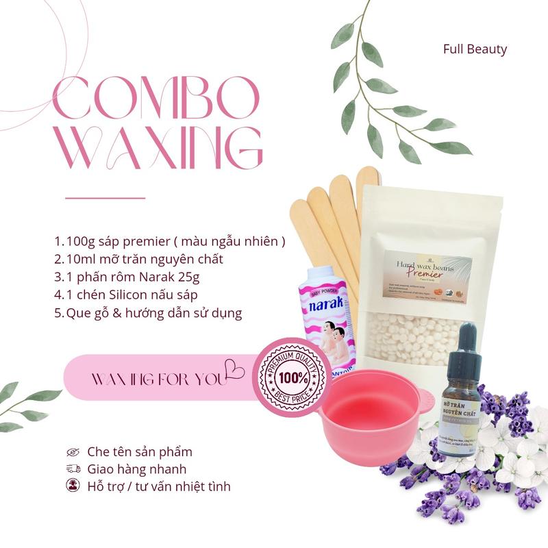 Combo sáp wax lông toàn thân gồm 100g sáp premeir 10ml mỡ trăn triệt lông 1 chén nấu sáp silicon 1 phấn rôm 25g kèm que gỗ & hdsd chi tiết Full Beauty Waxing