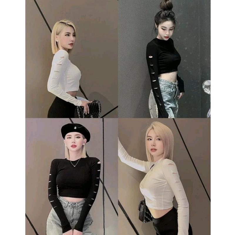 Áo Thun Rách Tay Croptop tay dài xỏ ngón