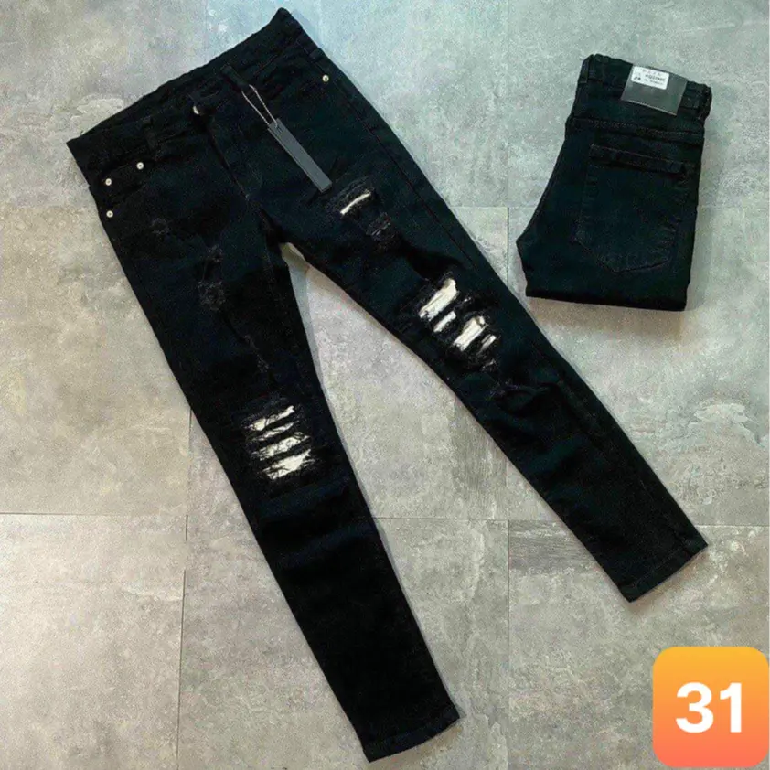 Quần jean nam boy phố rách vá da màu đen chất bò cao cấp co dãn 4 chiều cực đẹp rin trơn from dáng skinny QJN91 Menswear Pantstop
