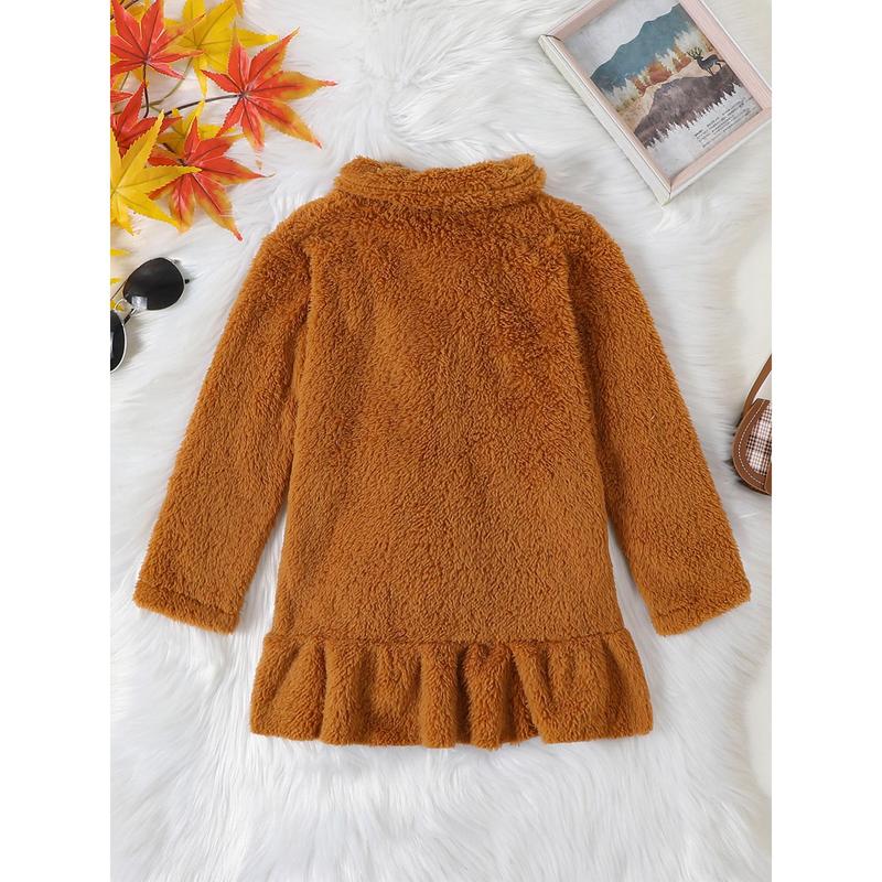 Girls Plush Jacket, Long Sleeve Turn-down Collar Button Closure Winter Jacket Casual Coat 2