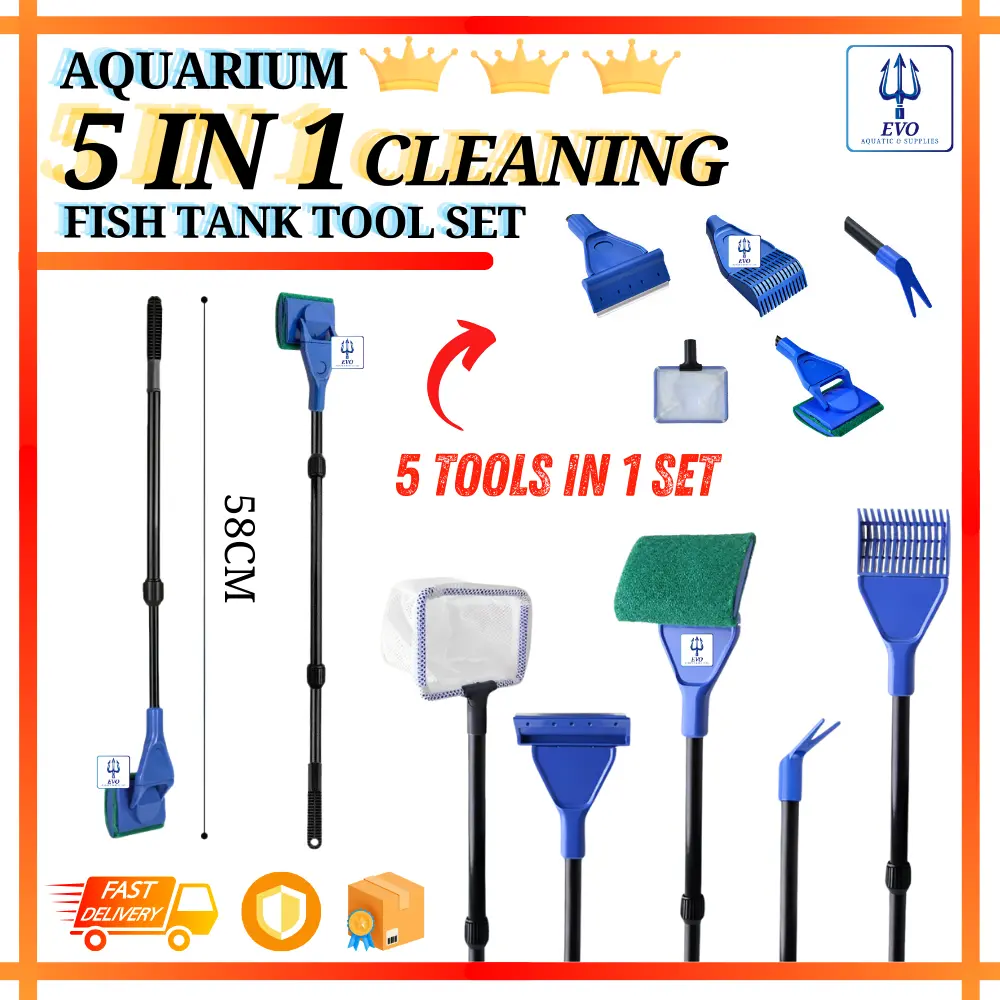 Aquarium 5 IN 1 Cleaning Tools Set Multifunction Cleaning Brush Fish Net Algae Removal Knife Gravel Rake 5 in 1 Alat Pembersihan Tank Ikan EVO Aquatic