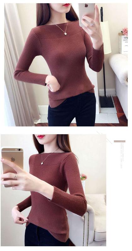 Product Introduction of Spring and Autumn Long Sleeve off Shoulder Top Knitted Bottoming Shirt Women's Underwear Slim Fit Slim Fashionable Sweater Fashionable Outerwear 3