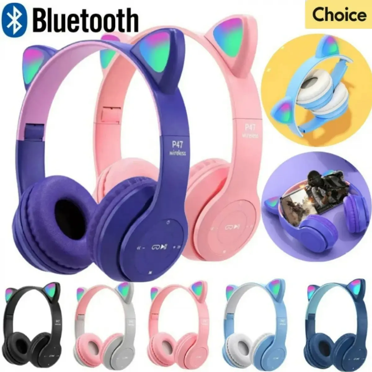 Fon Kepala Bluetooth Tanpa Wayar Telinga Kucing P47M, Fon Kepala Bass Stereo Bluetooth, Fon Kepala Sukan, Fesyen untuk Gadis dan Kanak-kanak, Hadiah Audio Earphones Wireless Speaker