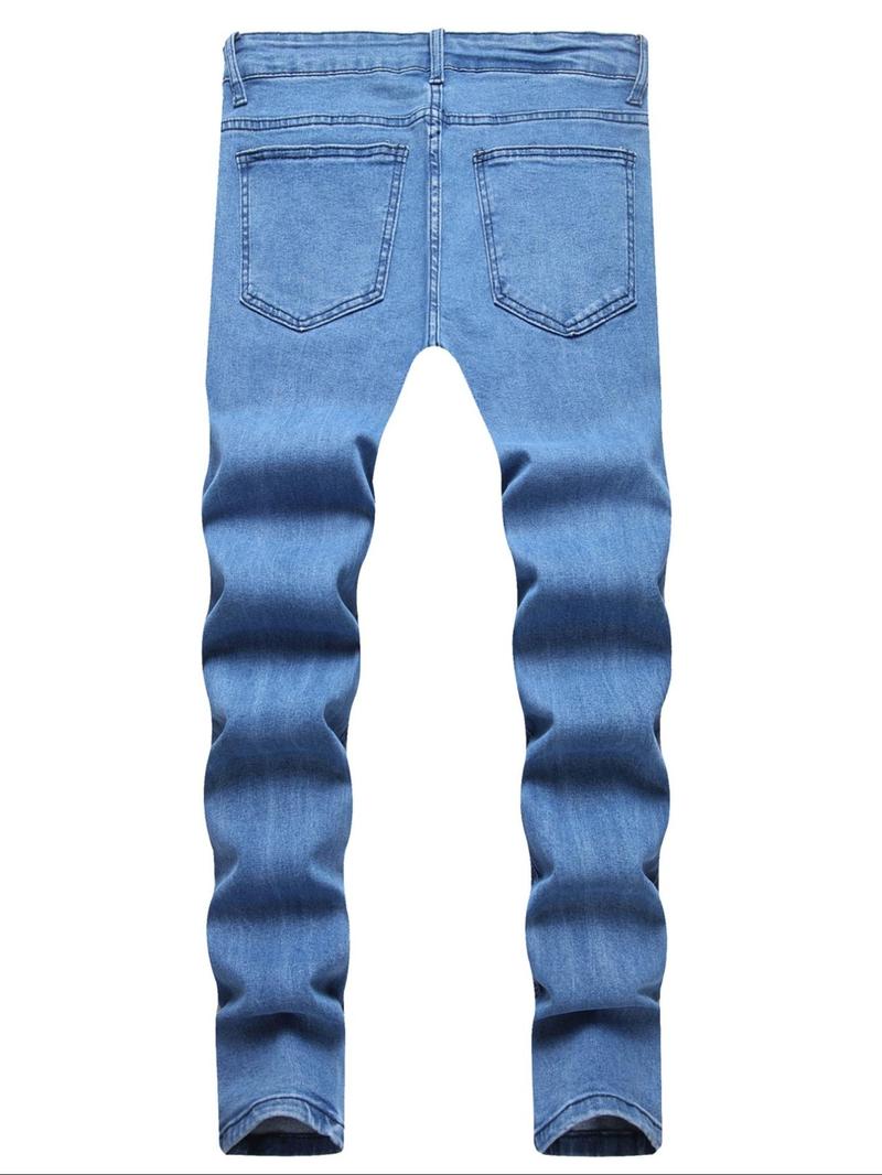 Product Introduction of Men's Slim Blue Denim Jeans, Casual Comfy Ripped Jeans for Daily Wear, Fashion Men's Bottoms for All Seasons, Cotton, Menswear 2