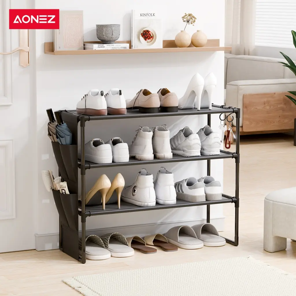 【COD】AONEZ INS Style Rak Sepatu 4 Lapis INS Rak Sepatu Non-anyaman Dengan Pengait Tas,  Besi Multi Lapis