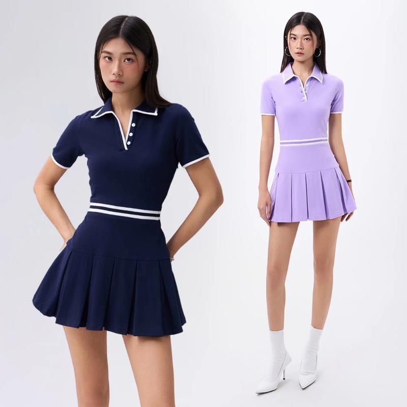  RECHIC Đầm xòe ngắn Kane cổ polo tà xếp ly dáng chiết eo tay ngắn năng động 