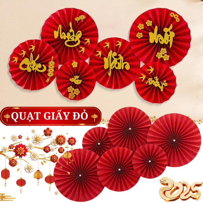 3 SET Quạt Giấy Đỏ Dán Tường Trang Trí Tết ( 1 Set 6 Cái ) - Quạt Xếp Đỏ Kèm Chữ Chúc Mừng Năm Mới Decor Nhà Cửa Đẹp Mắt - Quạt Xòe Đỏ Trang Trí Trung Thu, Khai Trương, Đám Cưới