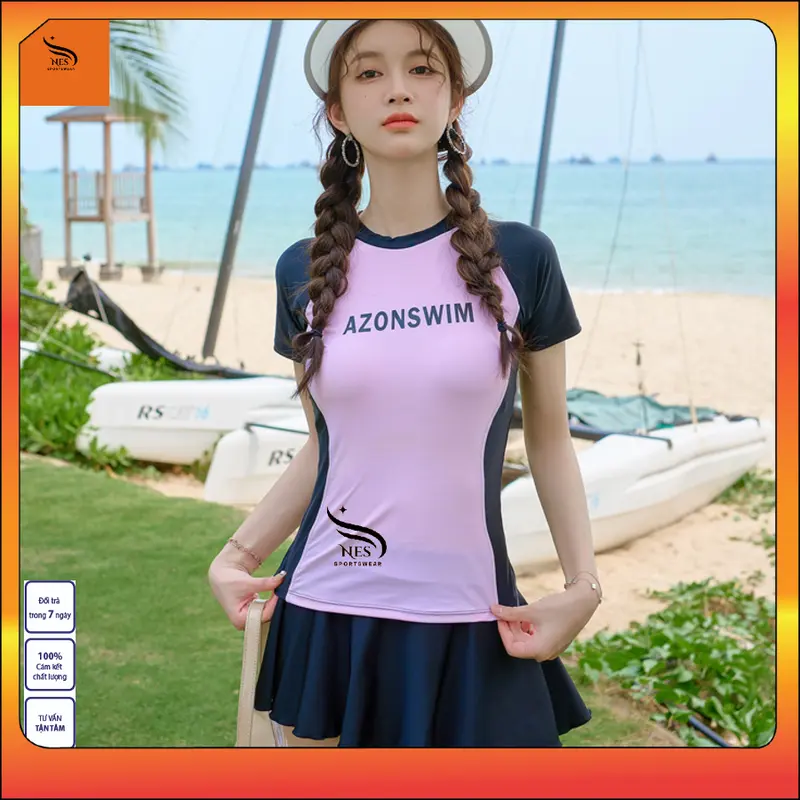 NES Bikini Bộ váy bơi 2 mảnh áo phối hồng in chữ ngắn tay, chân váy có quần short bảo hộ bên trong kín đáoTNS 071 - chất liệu thun 4 chiều, co giãn cao, kháng khuẩn, UPF 50+ 6