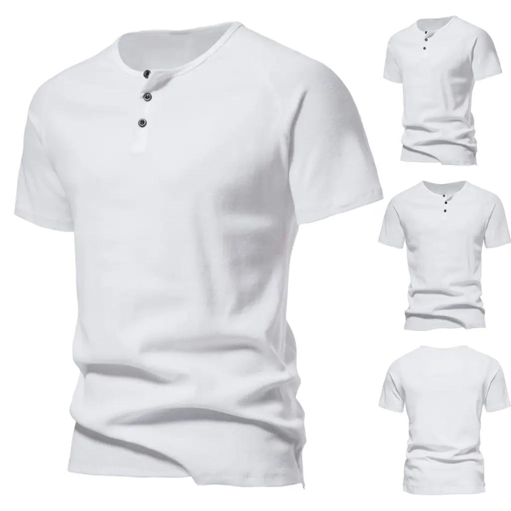 Huxriqvy Men Summer Top Short Sleeve Mid Length Pure Color Men T-shirt Buttons Male Garment