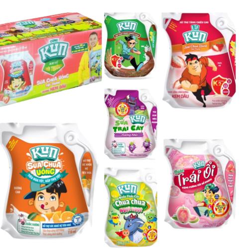 Sữa trái cây Kun dạng túi thùng 24 túi x  110ML Vị Cam, dâu, nho, ổi, socola