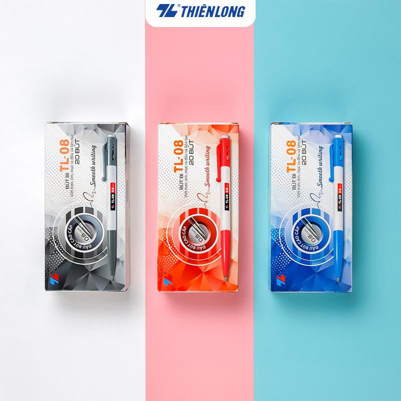 Combo 20 Bút bi Thiên Long TL-08 - Viết bi ngòi 0.8mm mực xanh đỏ đen thiết kế tối giản dễ sử dụng dạng bấm cò