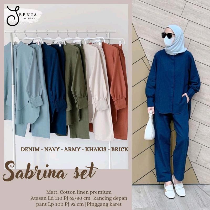 sabrina set bahan katun linen  Muslim Wanita Setelan Dewasa Baju Celana Kancing Karet Panjang Casual 3