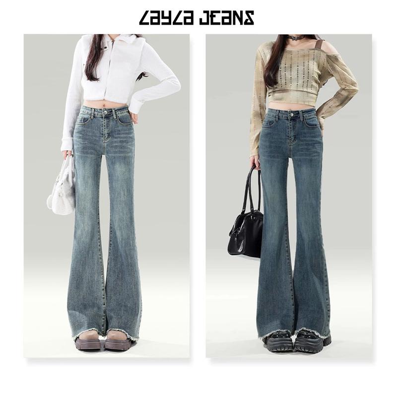 Quần Bò Ống Loe Form Rộng Trơn Lai Tua Wash Bụi Retro 2 Màu QCCC (Dài 106cm)