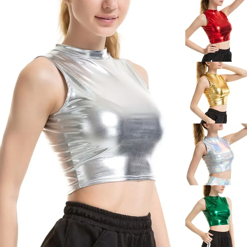 Áo Crop Top Giả Da Nữ, Lấp Lánh, Phong Cách Wetlook, Cổ Lừa, Áo Ba Lỗ Vest, Thích Hợp Cho Trang Phục Khiêu Vũ Và Trang Phục Câu Lạc Bộ, [DLTK]