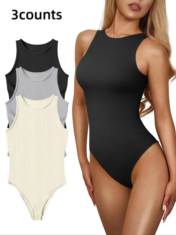Women's Solid Round Neck Sports Bodysuit, Breathable Comfortable Sleeveless Tank Bodysuit for Yoga Gym Workout, Summer Outfits 2024, Ladies Sportswear for All Seasons 6