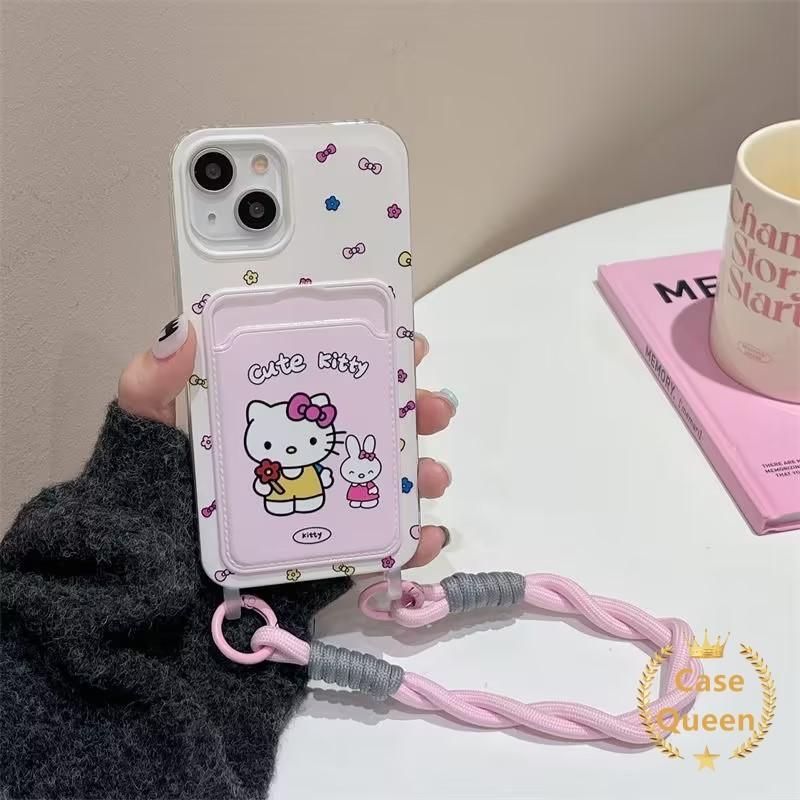 Ốp Lưng Tương Thích Cho IPhone 16 15 11 14 13 12 Pro Max 11 6s 16 8 7 Plus 7Plus XR X XS Max SE 2022 Đáng Yêu Hello Kitty Rabbiti Nơ Dây Buộc Sang Trọng Khe Cắm Thẻ Bìa Mềm