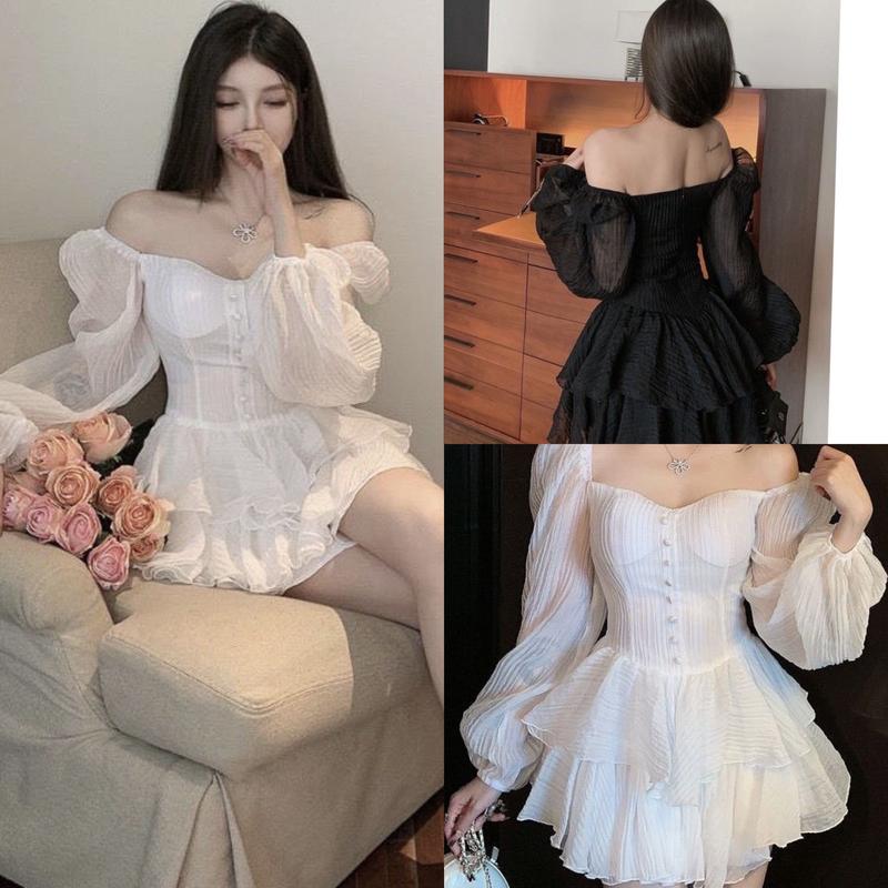 Váy  Dự Tiệc Cồ Vuông Trễ Vai Vải Xốp Nhật Bigsize 50-100kg Nữ Dress Voan Đầm Women Voan Tơ Đen - A.1233