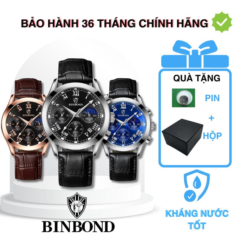 Đồng hồ nam  full 6 kim , chống nước BINBOND chính hãng , dây da  có lịch ngày ( Bảo hành 36 tháng  + tặng kèm pin 3V và hộp )
