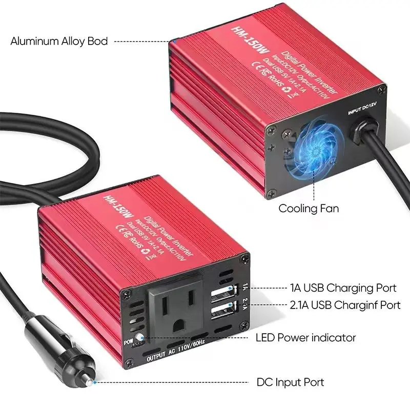 DC 12V to AC 110V Car Power Converter, 150W Portable Car Charger, Multifunctional Charging Socket, Car Conversion Power 2
