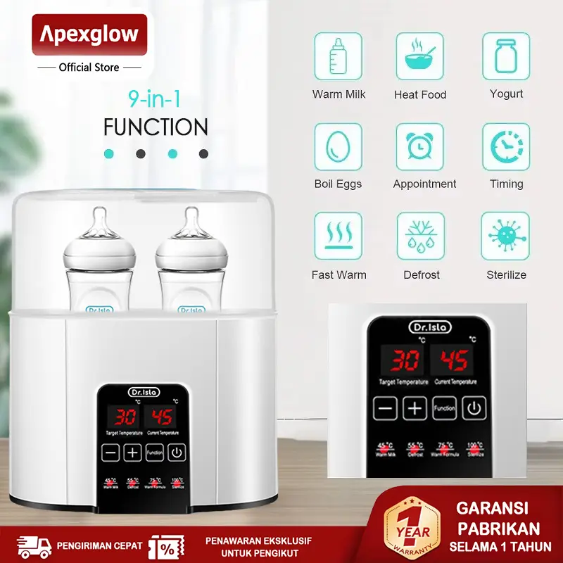 ⚡SUBSIDI 80%⚡ APEXGLOW Sterilizer & Warmer Botol Bayi 220ml - Smart Double Function, BPA Free! Penghangat ASI + Sterilizer Dot Bayi | 4 Pengaturan Suhu & Portabel