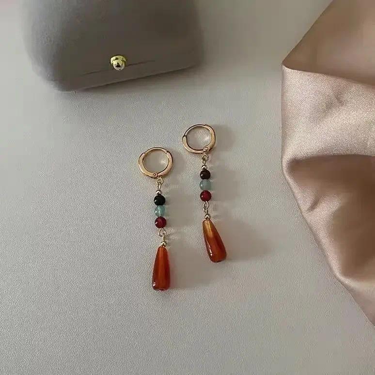 Vintage Colored Crystal Beaded Earrings Natural Stone Personality Design Retro Asymmetric Earrings for Women Jewelry Earrings 2
