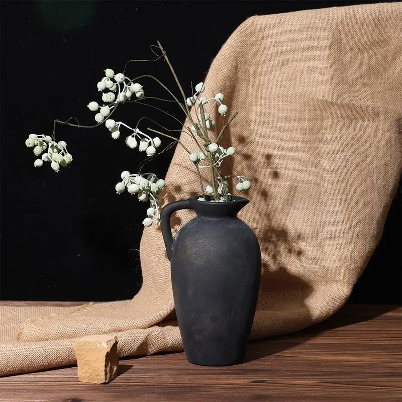 Rustic Ceramic Vase, 1 Count Vintage Farmhouse Pottery Vase with Handle, Home Decor for Living Room, Entryway, Wedding 0