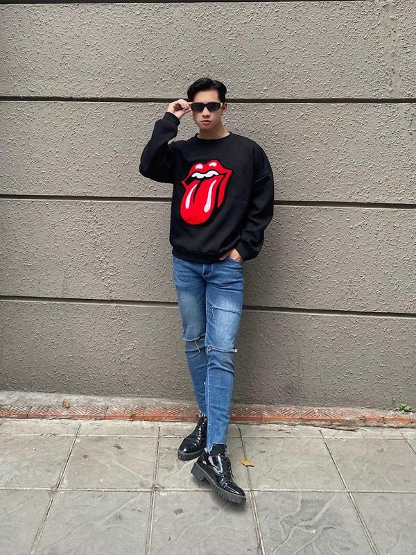 Áo sweater thêu hình môi lưỡi, áo sweater nỉ bông dày dặn ấm áp Nam Menswear