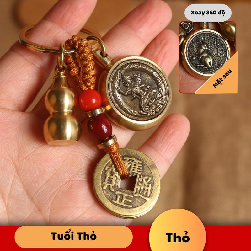 Móc khoá Đồng Thau hai mặt 12 con giáp 8 mặt Phật, tặng bình hồ lô, dây 5 Đồng xu, ( cát chu sa và bình hồ lô) Móc Chìa Khoá Móc Khóa Bản mệnh 12 con giáp Nam Nữ móc  khóa 6