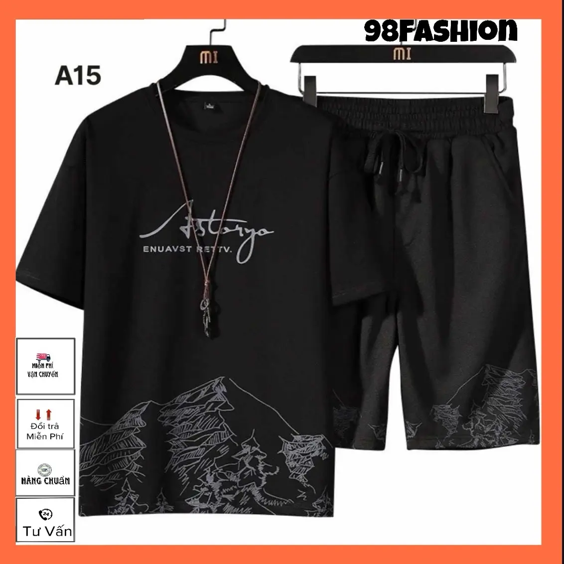 Set Quần Áo Unisex In Hoạ Tiết (free size75kg) Núi As story  Đen