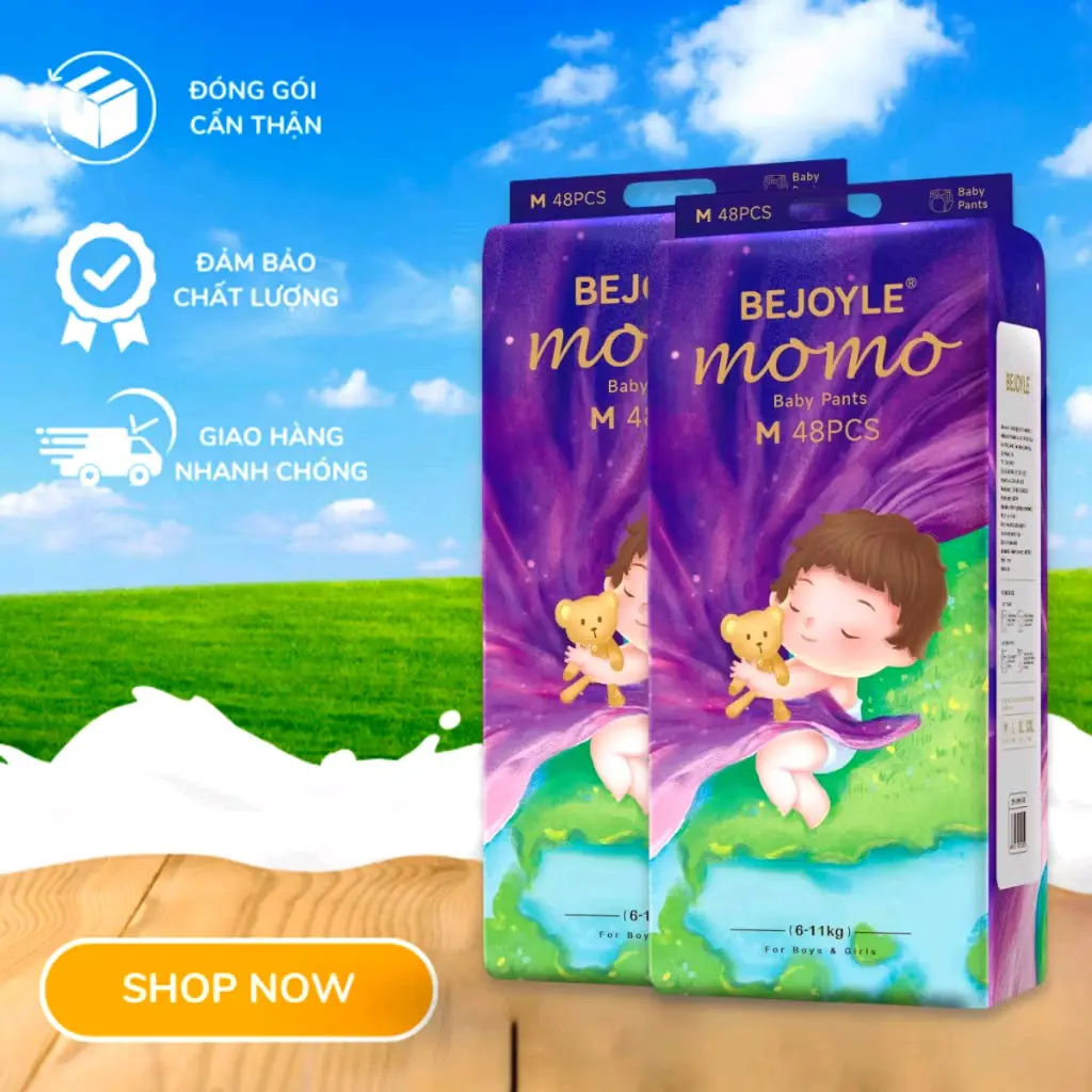 Bỉm Bejoyle Momo - Combo 2 bịch, đủ size cho bé, chất liệu tự nhiên, an toàn, thấm hút vượt trội, thiết kế ôm sát, kháng khuẩn, thông thoáng