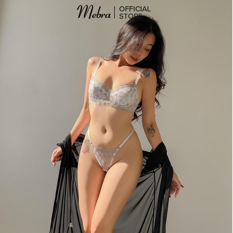 Bộ đồ lót ren thêu hoa tím gợi cảm Mebra Nữ Kem