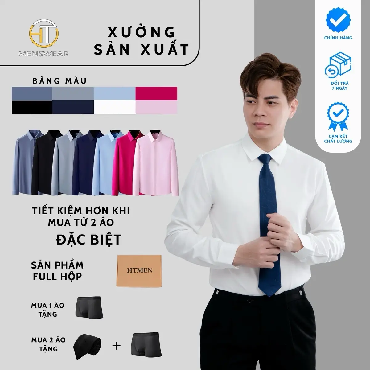 Áo Sơ Mi Lụa Trắng/ Đen Dài Tay Nam Full Hộp Htmen Menswear Shirt Tặng Sịp Đùi Nam