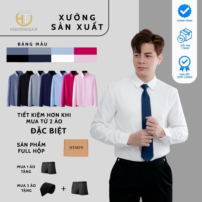 Áo sơ mi lụa Trắng Đen dài tay nam full hộp HTmen Menswear Shirt tặng sịp đùi nam