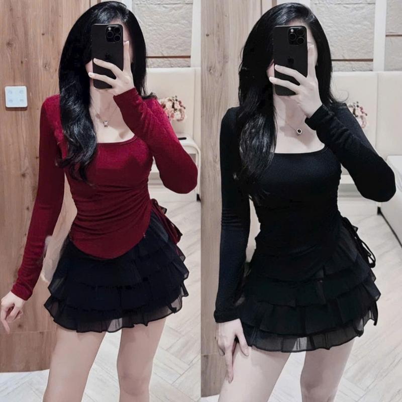 Set váy nữ tăm áo tay dài cổ tròn chéo tà rút dây sường mix chân váy voan tơ tầng dáng xòe [có lót] sang chảnh dành cho các nàng diện di chơi di tiệc.  Women