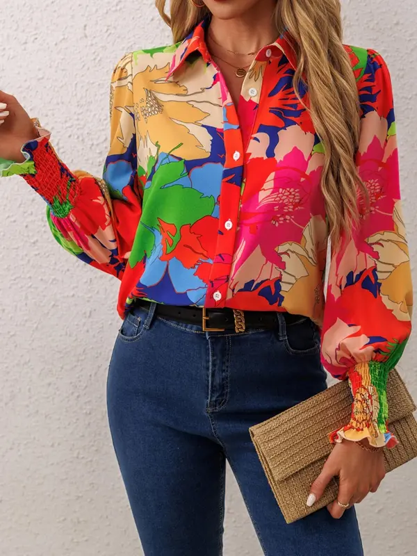Women's Floral Print Button Front Shirred Blouse, Trendy Casual Long Sleeve Collared Top for Daily Wear, Ladies Clothes for All Seasons 3