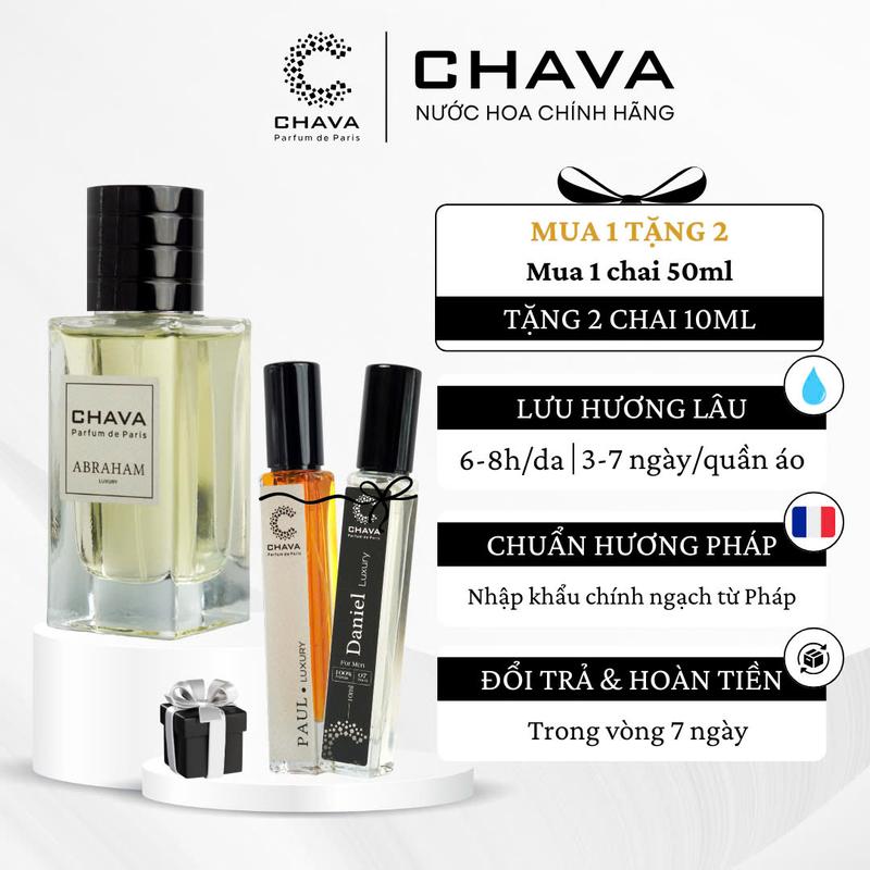 MUA 1 TẶNG 2 Nước Hoa Nam Luxury CHAVA - 50ML Tặng 2 Lọ 10ML Abraham Paul Grace Daniel: Hương Thơm Chuẩn Pháp Lưu Hương 6-8H Trên Da và 3-7 Ngày Trên Quần Áo