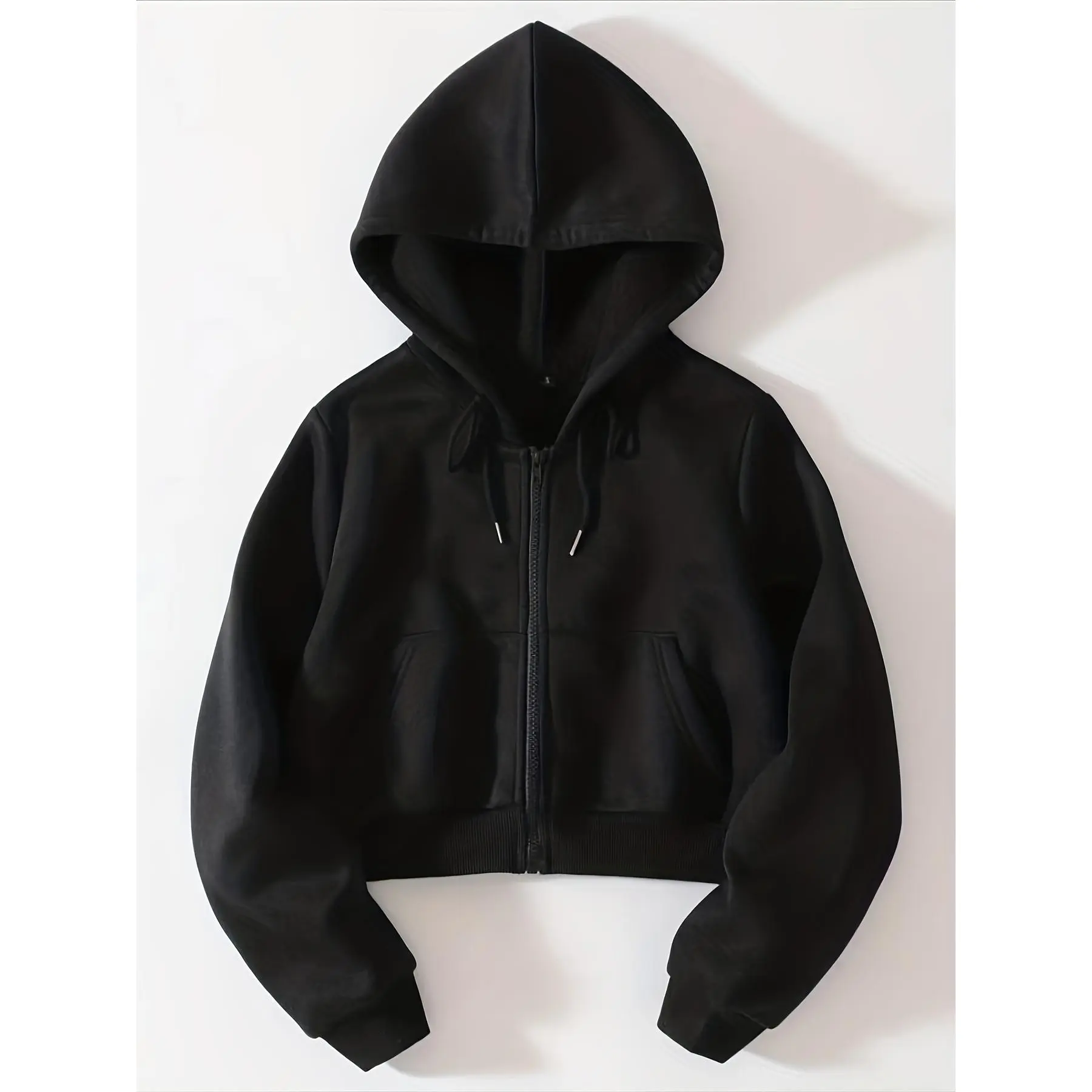 Women's Casual Solid Drawstring Zip Up Thermal Lined Crop Hoodie With Pockets For Daily Wear - fall & winter