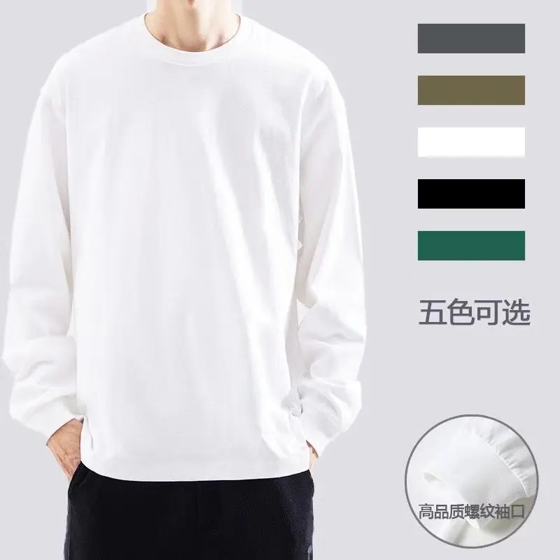 {CSS Fashion Clothing} Dài Tay 100% Cotton T Áo Sơ Mi Nam Áo Len Thu Đông Rộng Rãi Màu Trơn Áo Mặc Trong Màu Trắng Cổ Tròn