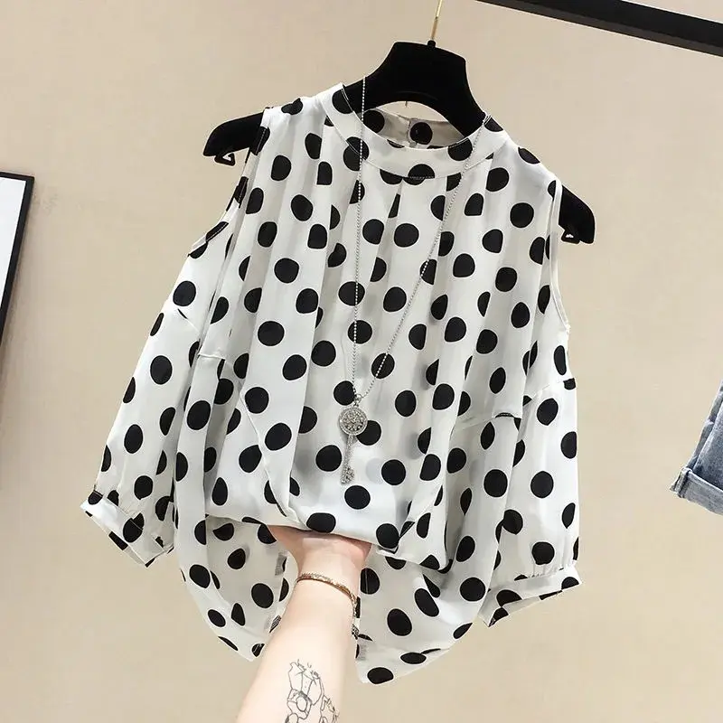 Quần Áo Nữ, Cỡ Lớn, Phong Cách Mới Mùa Hè, Dáng Rộng Và Bó Sát, Áo Bó Giấu Bụng, Họa Tiết Chấm Bi, Kiểu Trễ Vai, ngắn Tay, Áo Voan