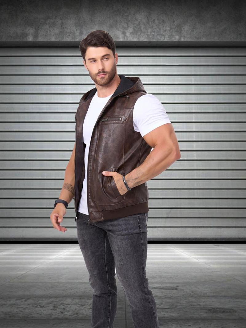 Product Introduction of Men's Solid Color PU Leather Vest Jacket, Casual Fashion Sleeveless Outerwear for Daily Outdoor Wear, Men Cloths for Fall & Winter 2