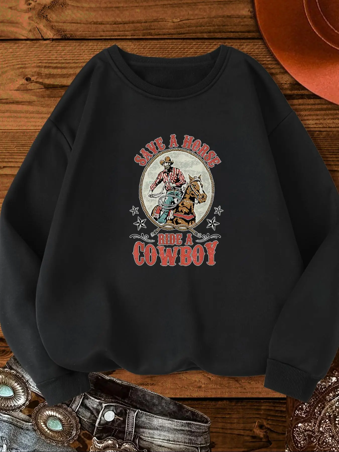 Women's Cowboy & Letter Print Drop Shoulder Sweatshirt, Casual Long Sleeve Round Neck Pullover for Fall & Winter, Ladies Clothes for Daily Wear