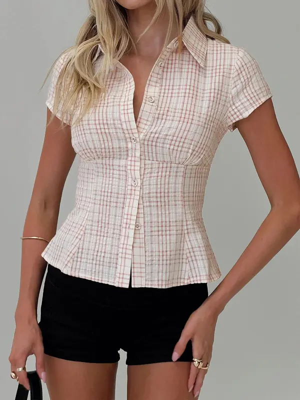 Women's Plaid Blouse, Casual Slim-fitting Short Sleeve Collar Top for Summer, Women's Clothes for Daily Wear, Skinny Womenswear, Classy Tops, Clothes for Women 1
