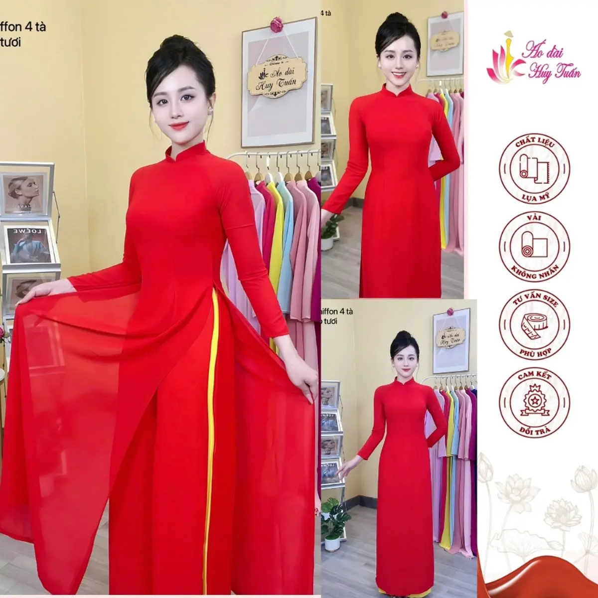 Áo dài 4 Tà Truyền Thống Cổ Bầu 3 Phân Màu Đỏ Tươi Lụa Chiffon Mỏng Bay Tà Thấm Hút Mồ Hôi