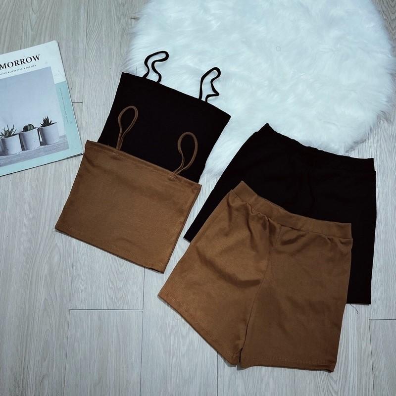 Sét bộ nữ áo 2 dây kèm quần đùi body chất vải thun gân len 4 chiều FreeSize Top