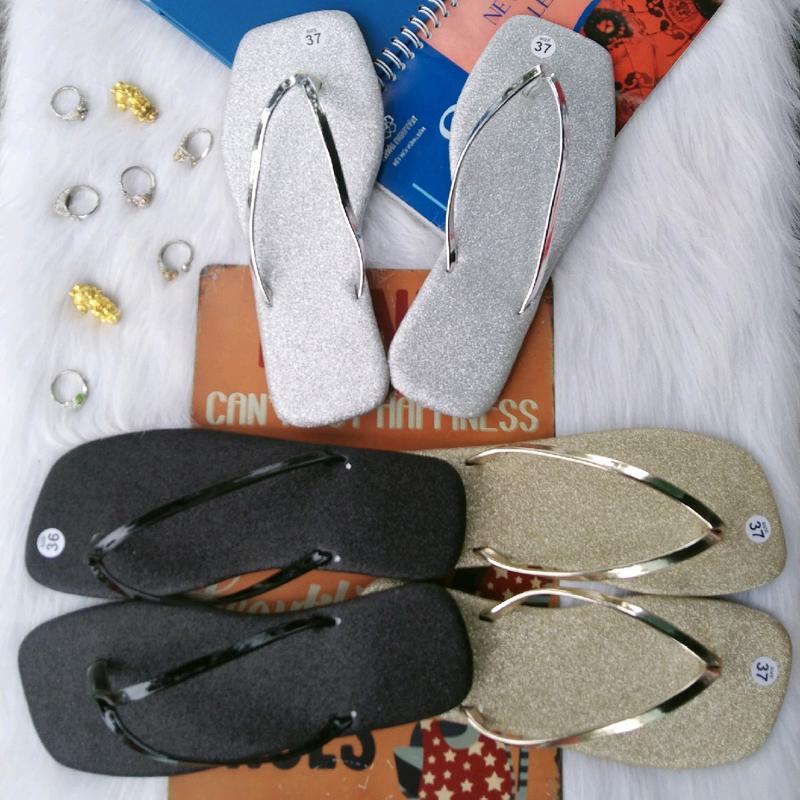 Dép lê kim tuyến quai mãnh đen bạc vàng xinh xắn DéP Nữ Shoes Sandal dép